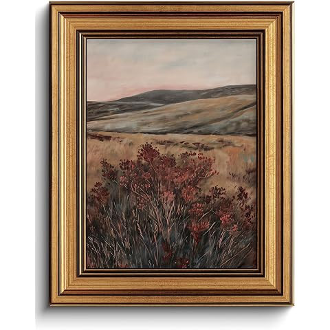Gold Framed Maroon Wildflower Field Painting Moody Red Pastoral Scenery Wall Art Canvas Print Vin... | Amazon (US)