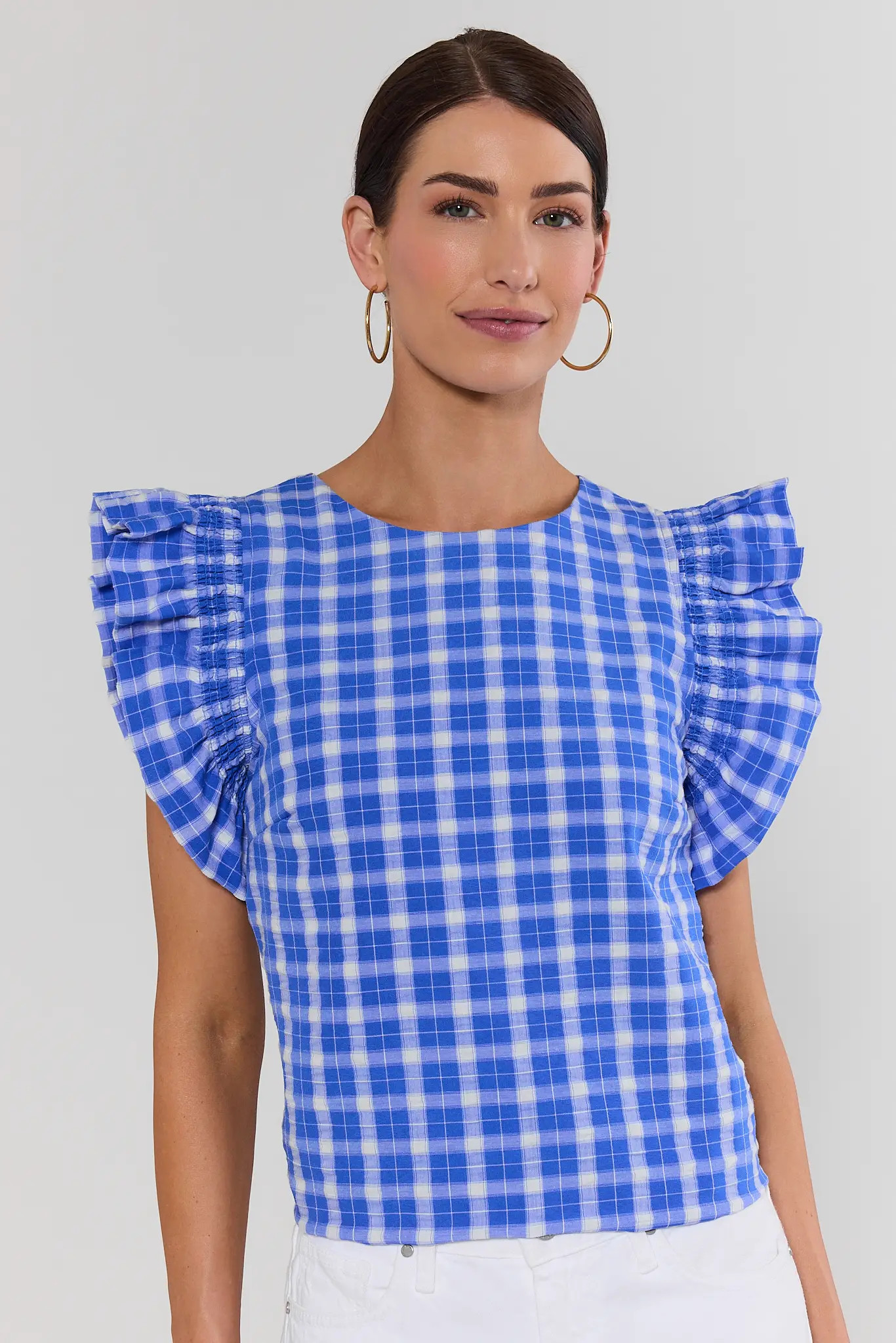 Bethany Blue Gingham Flutter Sleeve Top | Avara