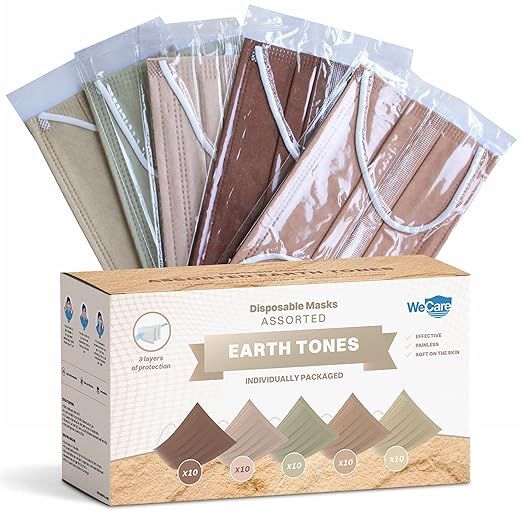 WeCare Disposable Face Mask Individually Wrapped - 50 Pack, Assorted Earth Tone Print Masks - 3 P... | Amazon (US)