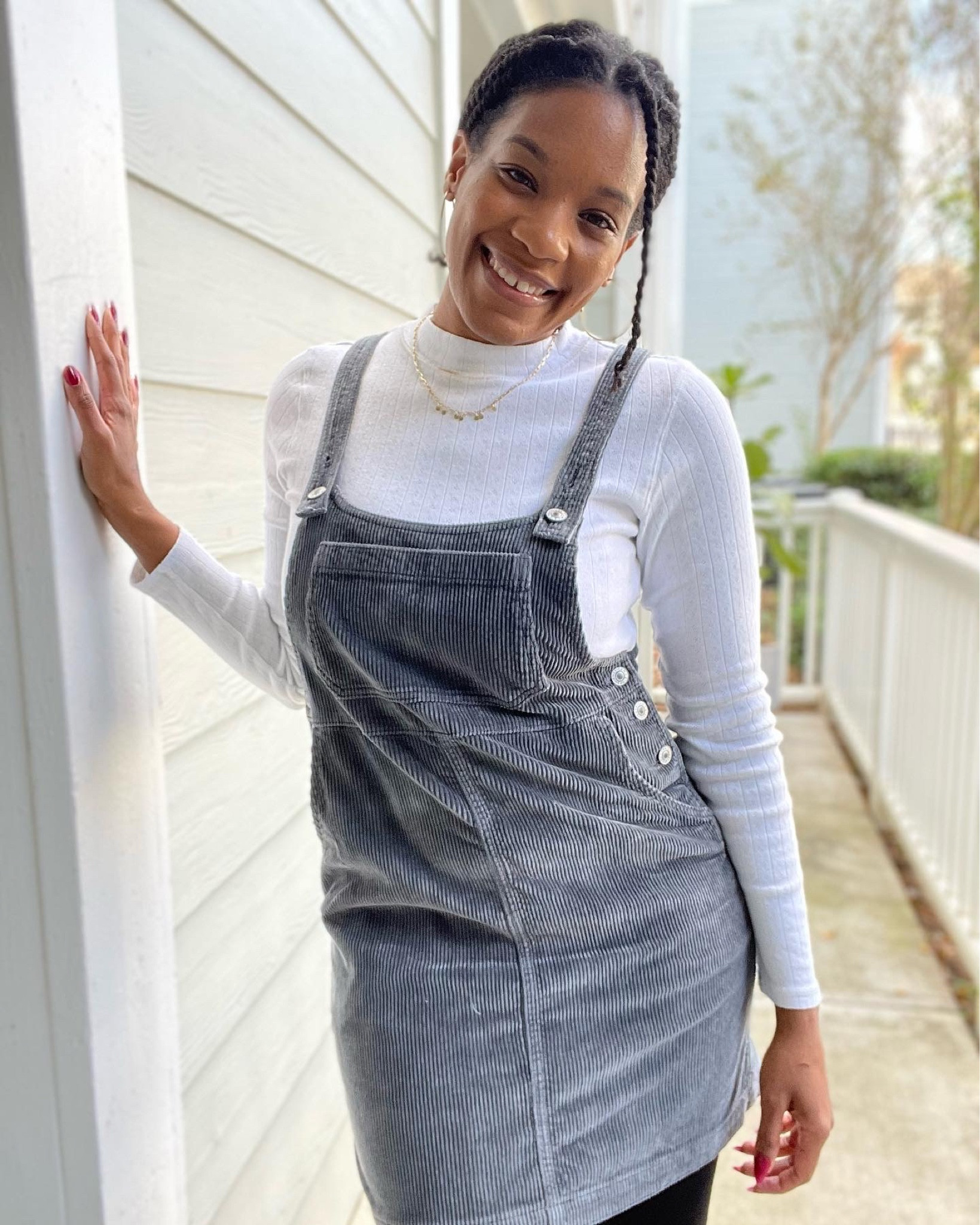 Layered fall look:
Corduroy grey jumper, white long sleeve top, black boots, black tights 

#LTKSeasonal #LTKsalealert #LTKHoliday