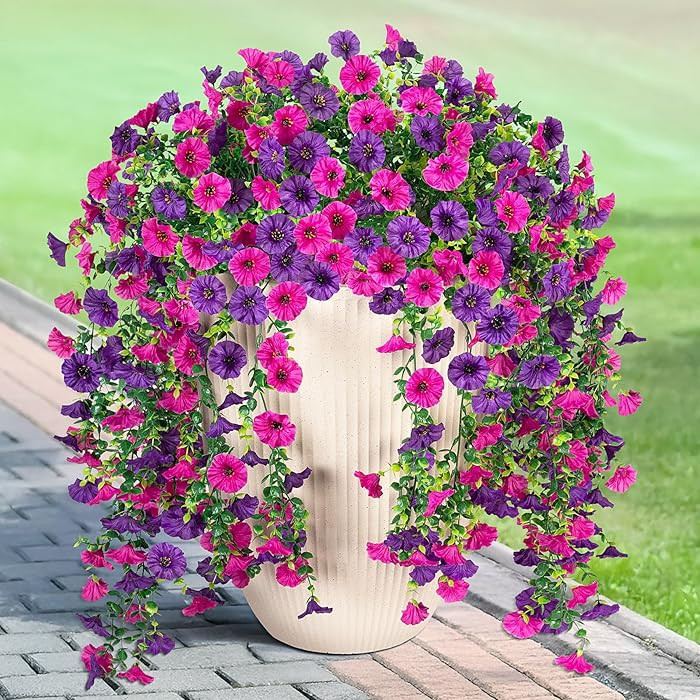 Artificial Hanging Petunias Flowers for Outdoor, 2pcs Fake Plants Long Vine Morning Glory Eucalyp... | Amazon (US)