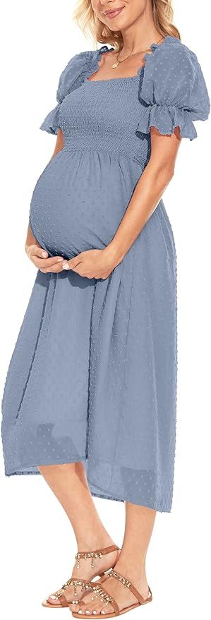 Puff Sleeve Swiss Dot Maternity Dress/Square Neck Smoked Midi Dress Summer Baby Shower | Amazon (US)