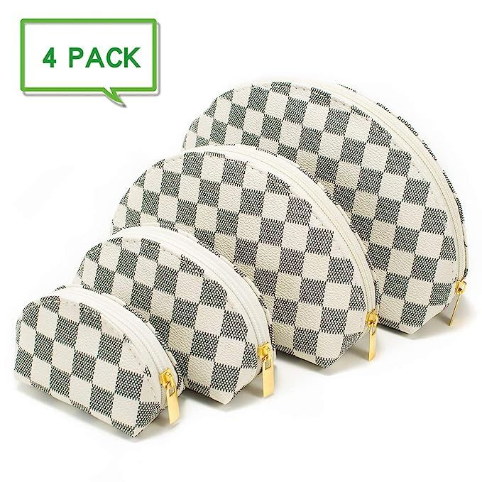 4 Set of Checkered Cosmetic Bag Luxury Make Up Bag Shell Shape Toiletry Travel Bags (White 3) | Amazon (US)
