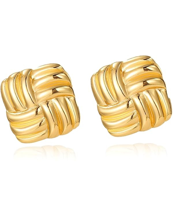 Gold Statement Chunky Stud Earrings for Women，Geometric Square Textured Vintage Trendy Jewelry | Amazon (US)