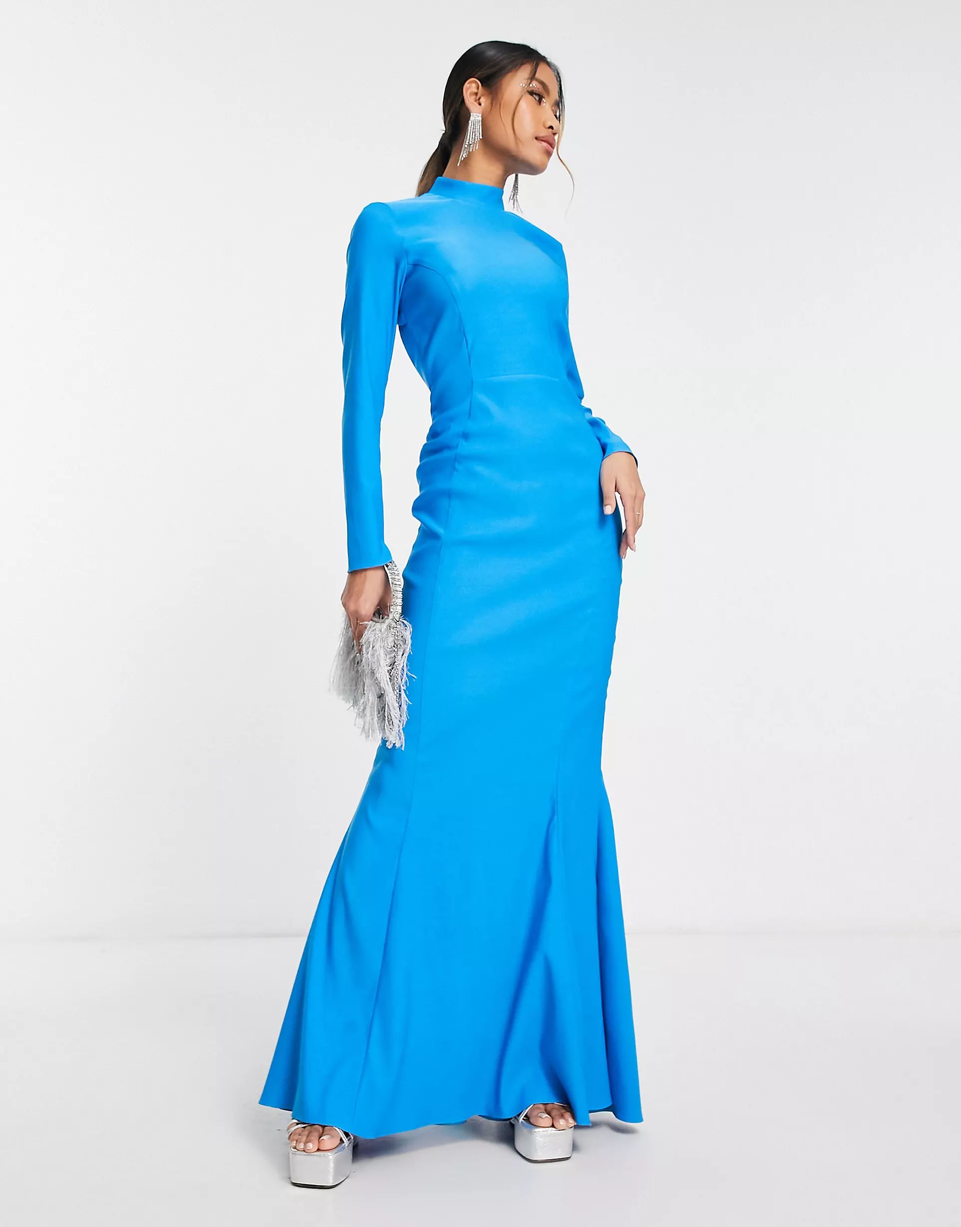 ASOS DESIGN high neck maxi dress with open back in electric blue | ASOS (Global)