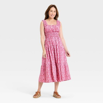 Women's Sleeveless Button-Front Smocked Maxi Empire Waist Dress - Universal Thread™ Pink Floral S | Target