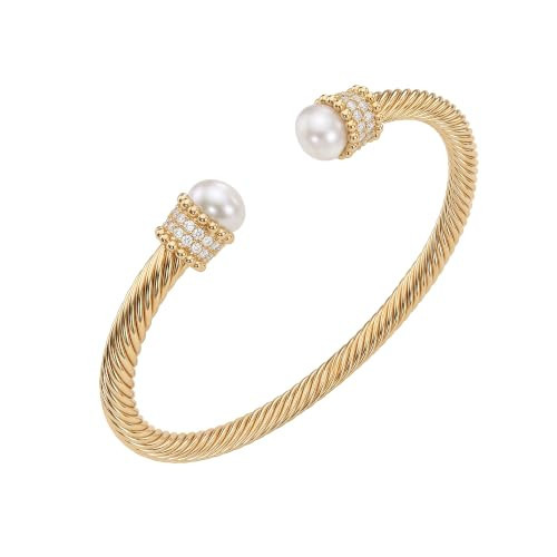 Gold Cuff Bangle Bracelets for Women - 14K Gold Plated Adjustable Open Cuff Lightweight Pearl Bracelets Twisted Cable Bangle for Dainty Jewelry | Amazon (US)
