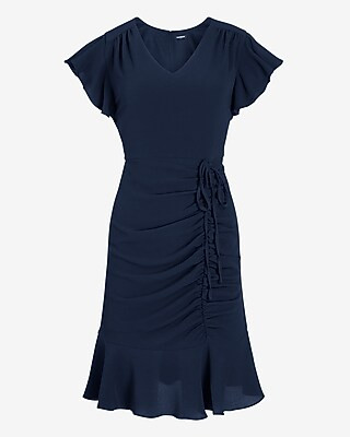 Ruched Side Tie Flutter Sleeve Dress | Express