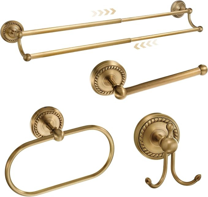 4 Pcs Antique Brass Gold Bathroom Accessories Set Wall-Mounted Towel Rack & Towel Ring & Toilet P... | Amazon (US)
