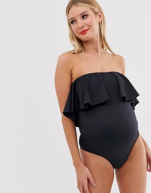 ASOS DESIGN recycled maternity bandeau minimal frill swimsuit in black | ASOS US