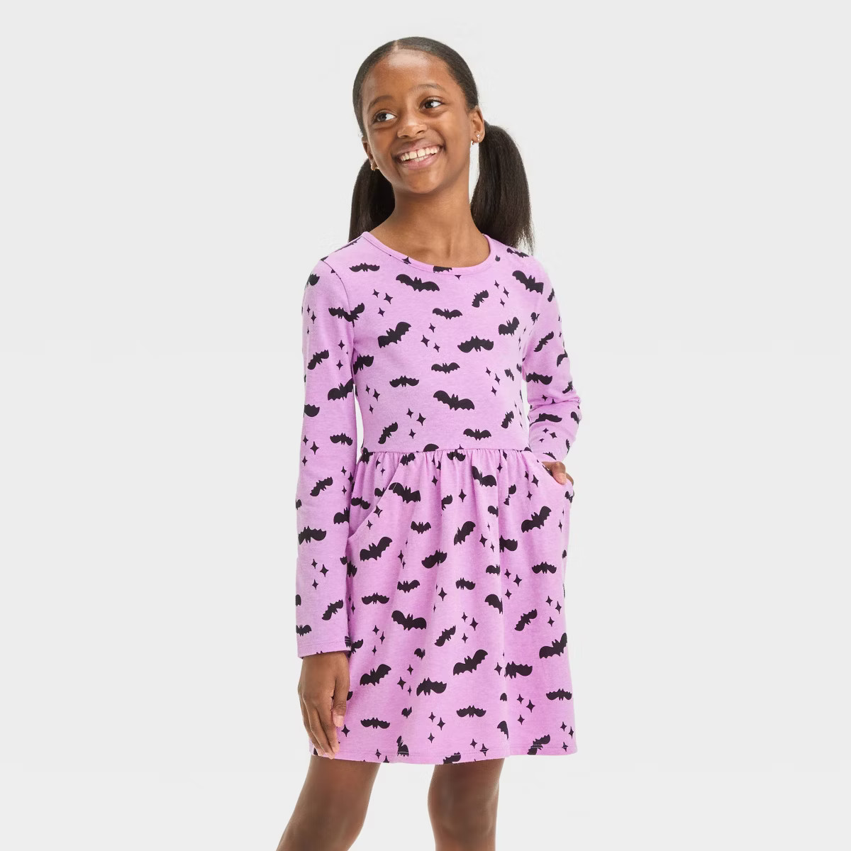 Girls' Long Sleeve Halloween Bats Dress - Cat & Jack™ Neon Purple S | Target