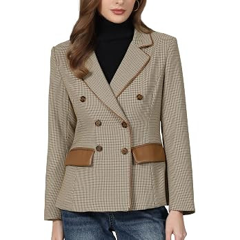Hobemty Women's Plaid Blazer Trendy Casual Houndstooth Double Breasted Suit Jacket | Amazon (US)