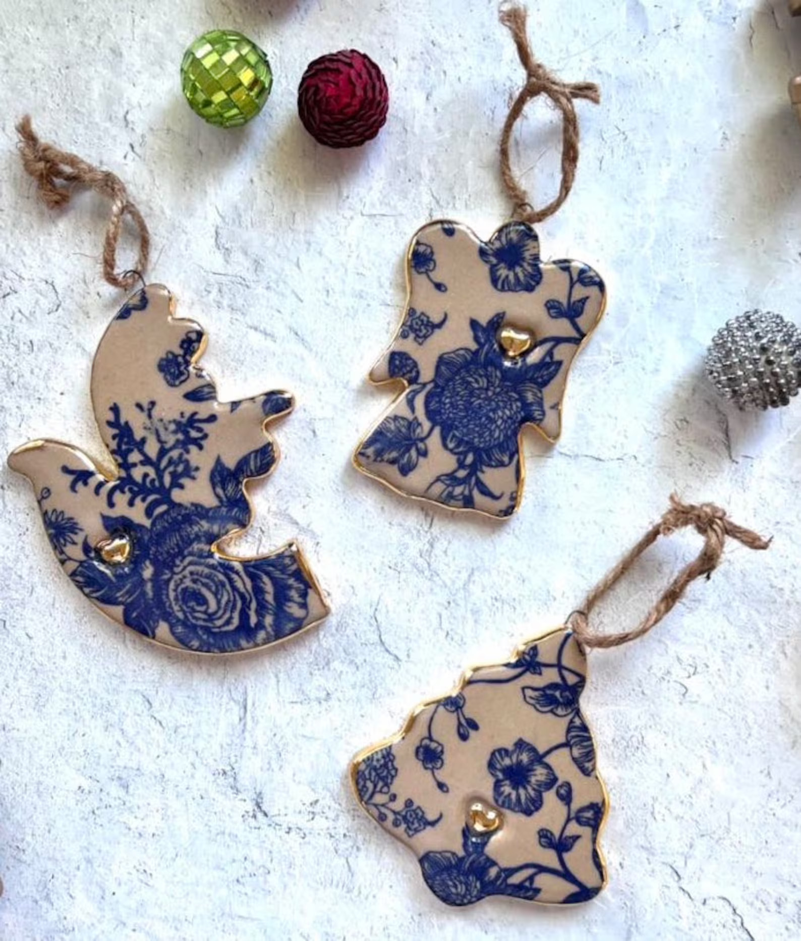 Ceramic Christmas ornaments  with gold ,  Set of three | Etsy (US)
