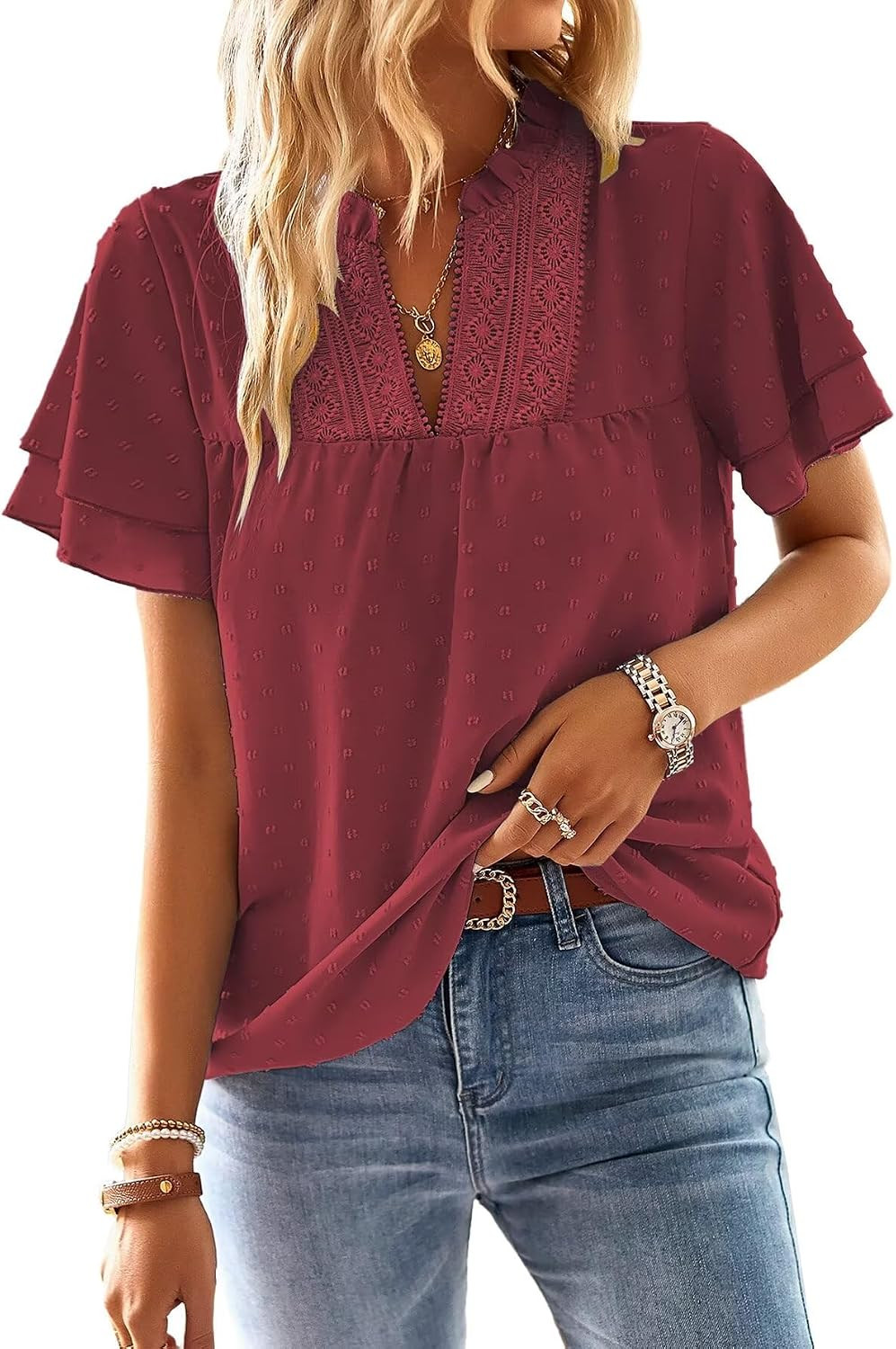 Falechay Womens Tops Boho Flowy Shirts Dressy Casual Short Sleeve Blouses | Amazon (US)