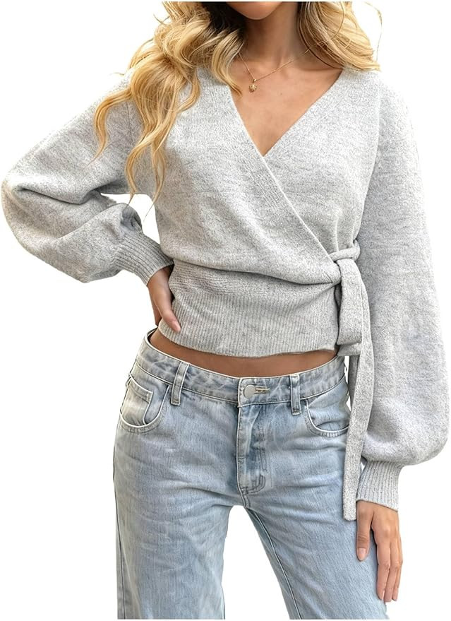 Milumia Women's V Neck Wrap Sweater Long Lantern Sleeve Cinched Waist Crop Tops Fall Knitwear | Amazon (US)