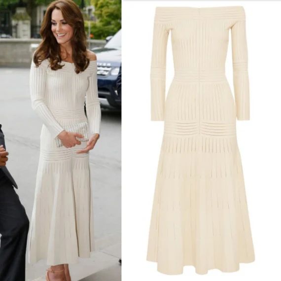 Read the full title
    Kate Middleton Style Off The Shoulder Knit Maxi Dress Evening Gown Duches... | Etsy (US)