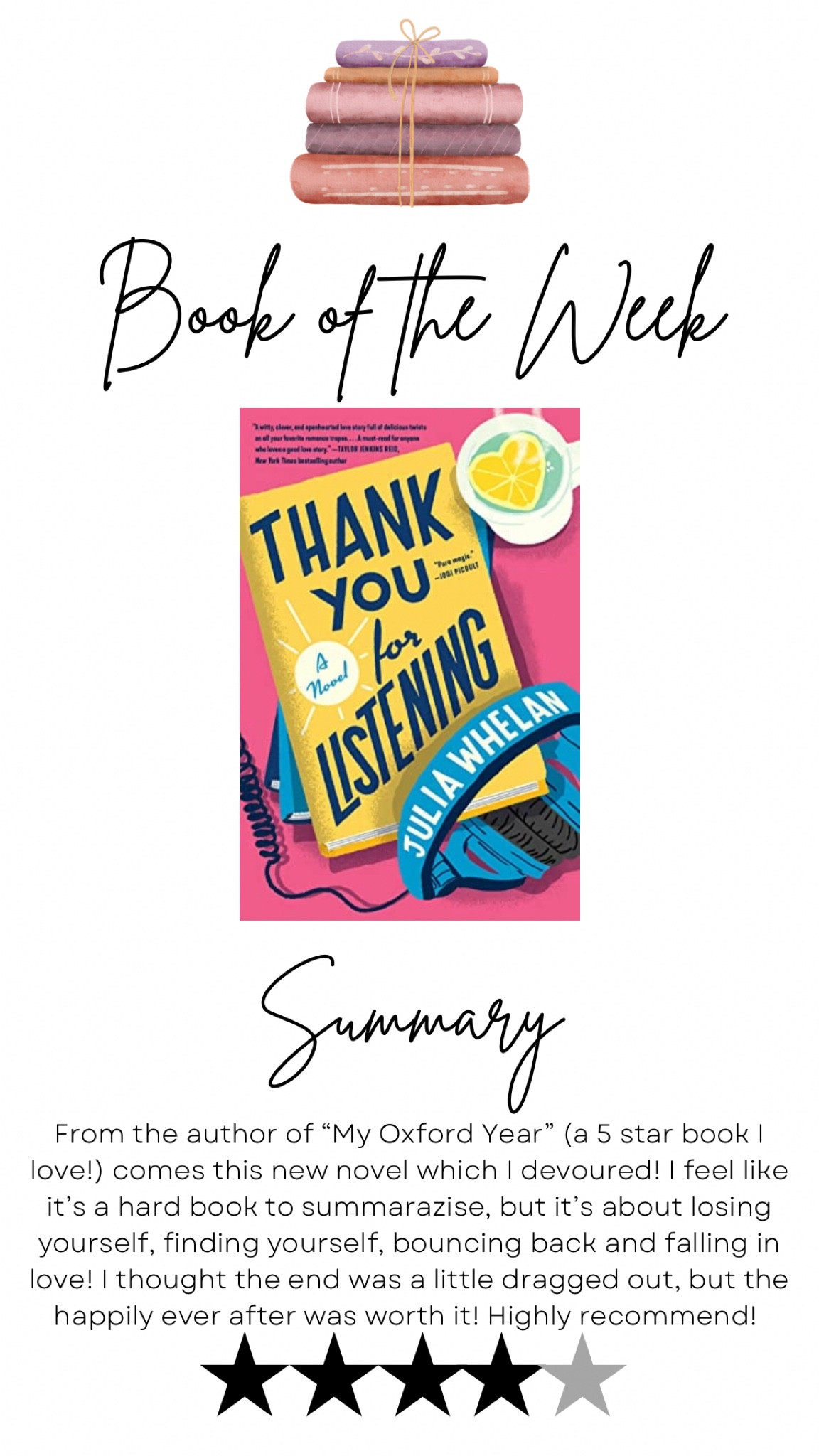 Book review: thank you for listening by Julia Whelan.