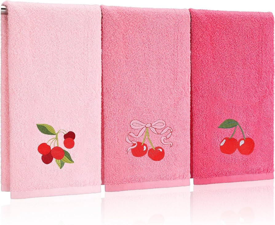 Tingjoo 3 Pcs Cherry Hand Towels 14x29 Inch Spring Summer Pink Preppy Bow Cherries Bathroom Decor... | Amazon (US)