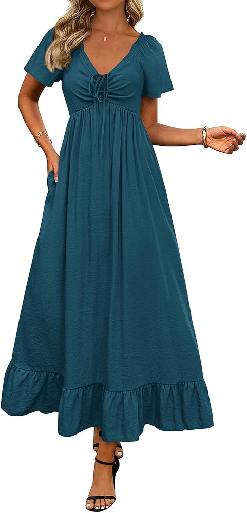 BTFBM Womens Spring Dresses 2025 Casual Short Sleeve V Neck Drawstring Wedding Guest Maxi Dresses... | Amazon (US)