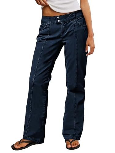 Flamingals Straight Leg Cargo Pants for Women Mid Rise Stretchy Seam Front Business Casual Dress Pants Navy Blue S | Amazon (US)