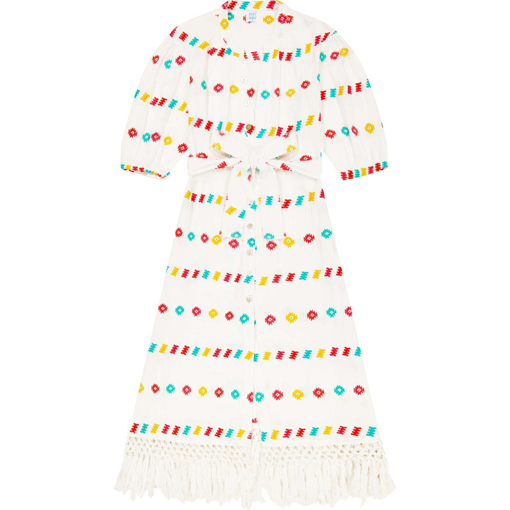 Women's Estelle Embroidered Fringed Shirt Dress, White | Maisonette