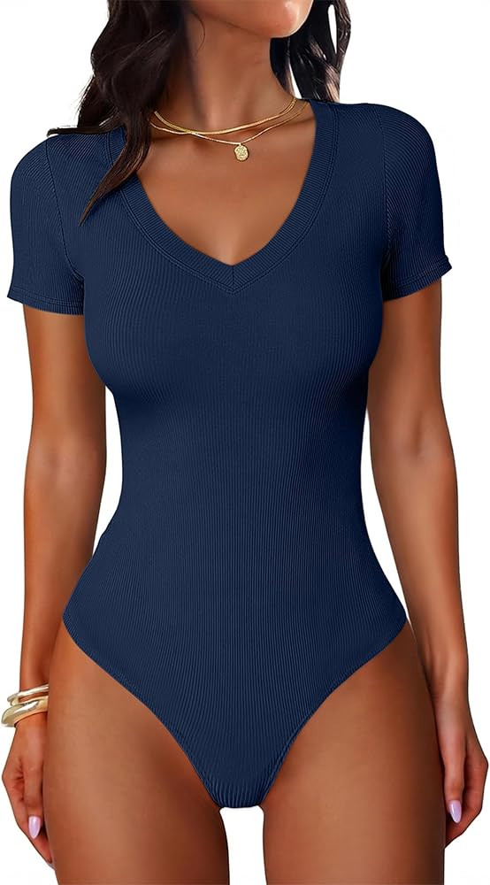 ANRABESS Bodysuits for Women V Neck Short Sleeve Body Suit Tops Slim Fit Ribbed Knit Soft Basic T... | Amazon (US)