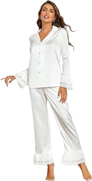 Verdusa Women's Satin Notch Collar Blouse and Ruffle Hem Pants PJ Set | Amazon (US)