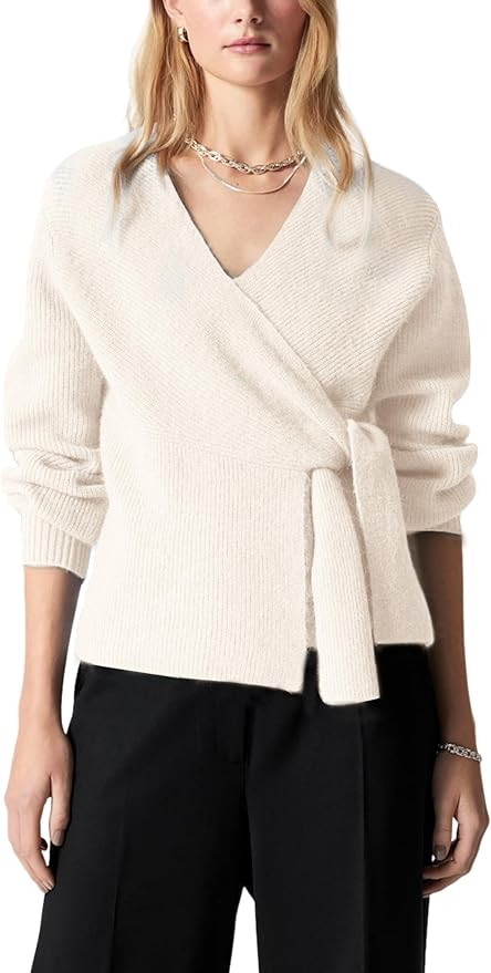 Women's Knitted Wrap Cardigan V-Neck Long Puff Sleeves with Self-Tie Belted Waist Sweater Tops | Amazon (US)