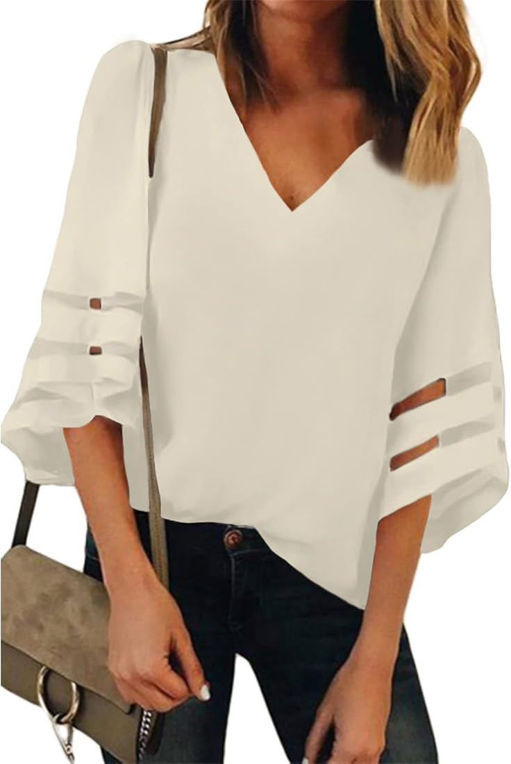 ROSKIKI Women Summer 3/4 Bell Sleeve V Neck Casual Chiffon Blouse Tops Patchwork Loose T Shirt | Amazon (US)