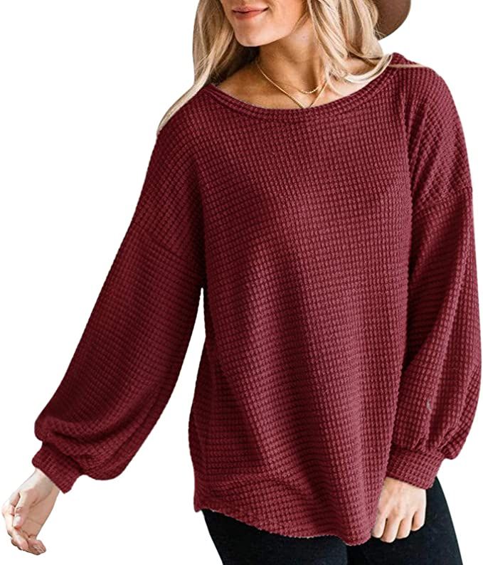 MEROKEETY Womens Long Balloon Sleeve Waffle Knit Tops Crew Neck Oversized Sweater Pullover | Amazon (US)