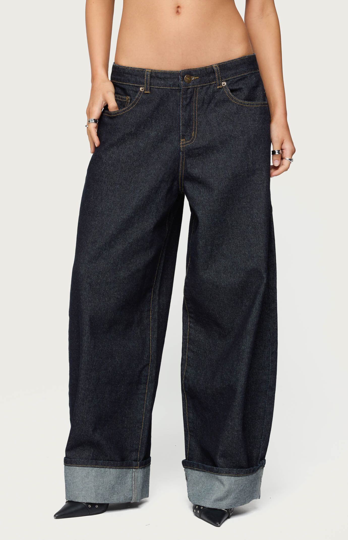 Edikted Women's Petite Kella Low Rise Baggy Jeans in Indigo Blue - Size XS | PacSun