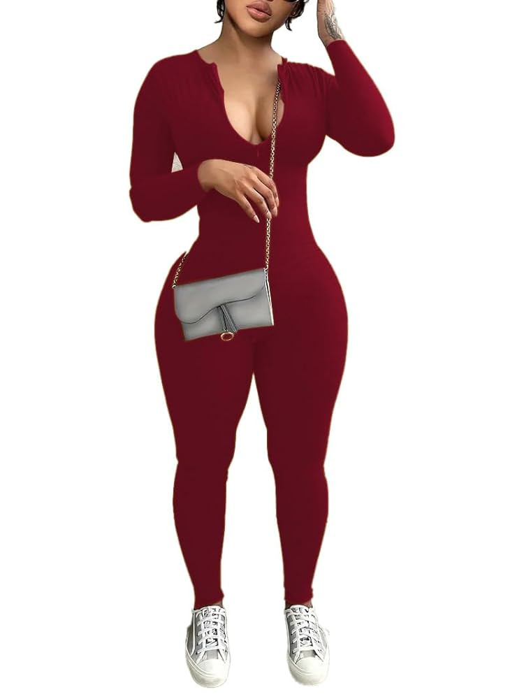 YeGine Women Long Sleeve Bodycon Jumpsuit Sexy Rompers One Piece Zip Up jumpsuits | Amazon (US)