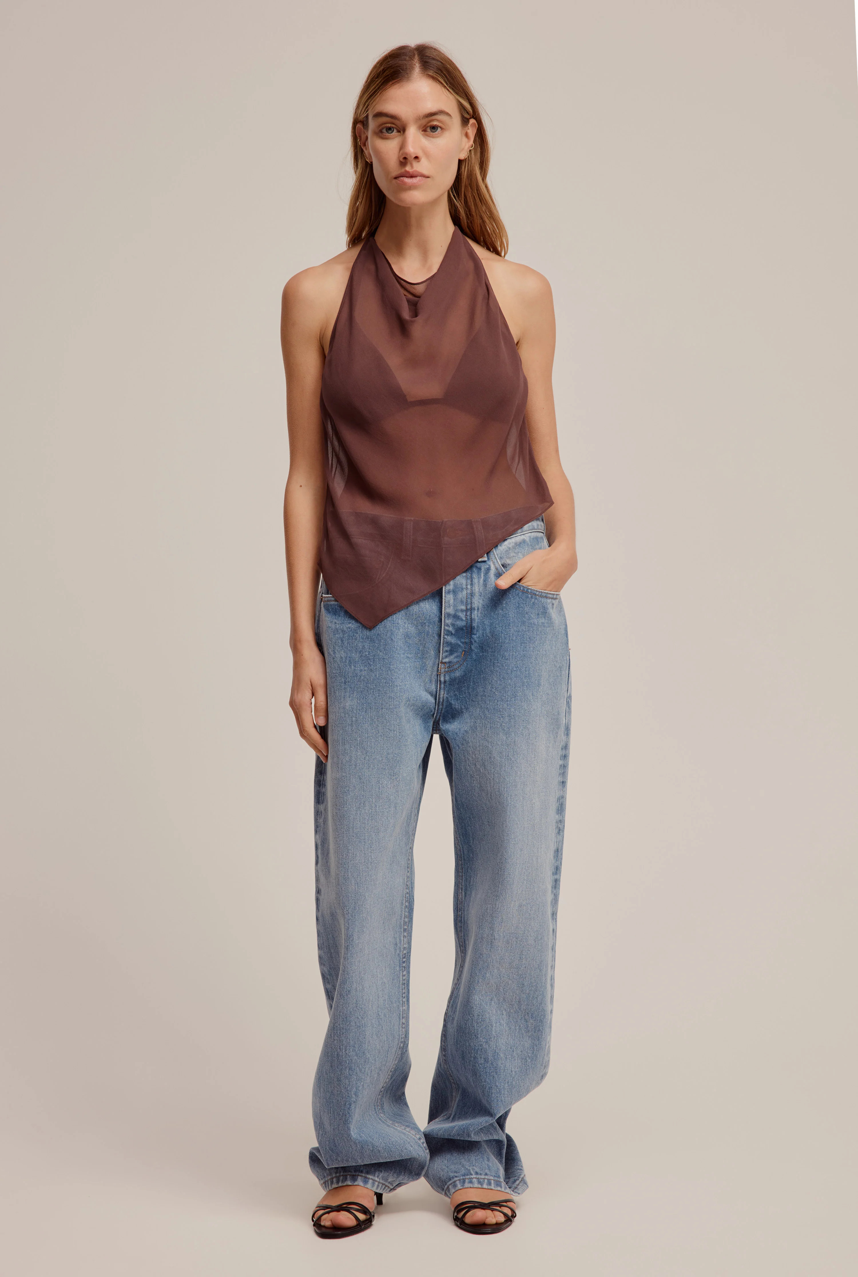 Venroy - Womens Sheer Silk Cowl Neck Halter Top in Coffee | Venroy | Premium Leisurewear designed... | Venroy AU