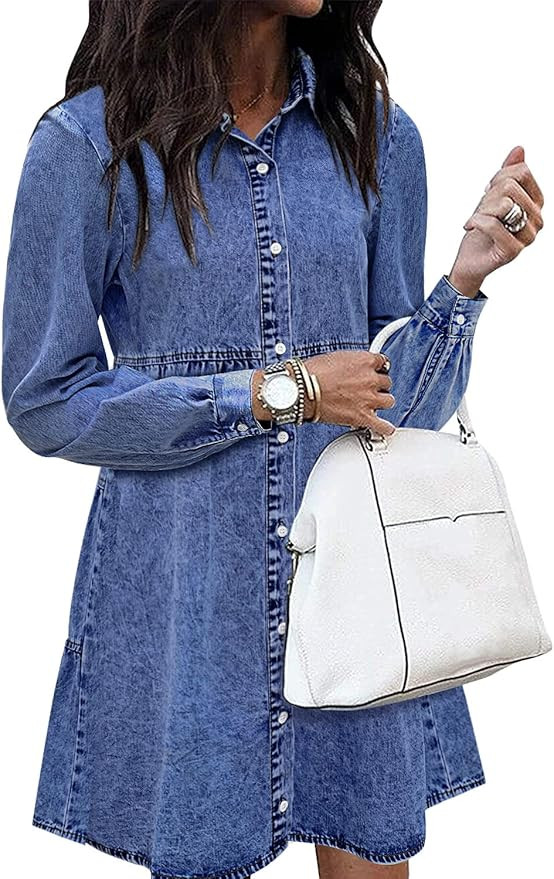 LookbookStore Long Sleeve Denim Dress for Women Jean Dress Button Down Casual Babydoll Denim Shir... | Amazon (US)