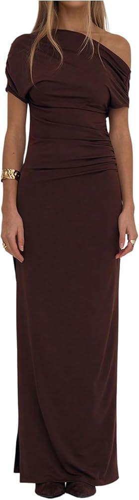 GORGLITTER Women's Asymmetrical Neck Ruched Bodycon Maxi Dress One Shoulder Short Sleeve Dinner C... | Amazon (US)