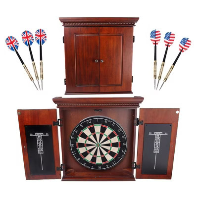 GSE Premium Solid Wood Dartboard Cabinet Set with Sisal/Bristle Dartboard, Dart Scoreboard & 6 Steel Tip Darts | Target
