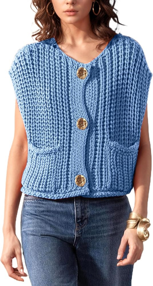 Womens Casual Chunky Knit Vest Gold Button Down Crop Crochet Sleeveless Sweater Vest | Amazon (US)