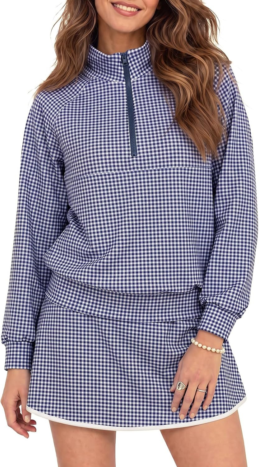 Fisoew Womens 2 Piece Outfits Gingham Half Zip Sweatshirts Mini Skorts Set | Amazon (US)
