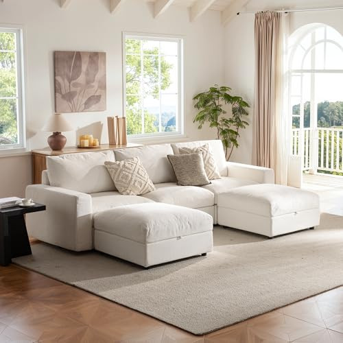 Vorthio Cloud Couch Sectional 113.8'' Oversized Modular Deep Seat Sofa U Shaped Comfy White Cloud Couch with Washable Cover for Living Room 3 Seat & 2 Ottoman | Amazon (US)