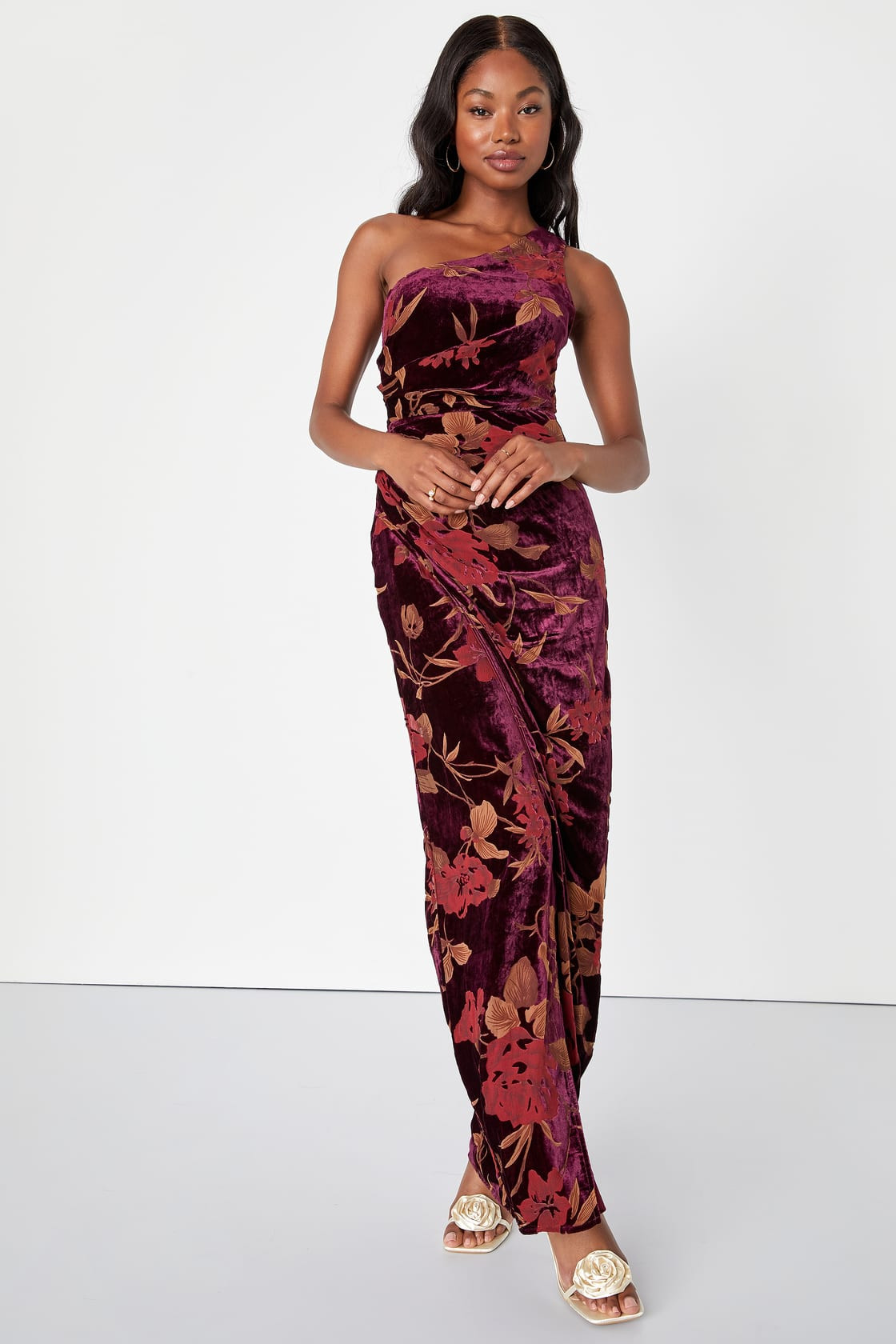 Unreal Awe Burgundy Floral Burnout Velvet One-Shoulder Dress | Lulus