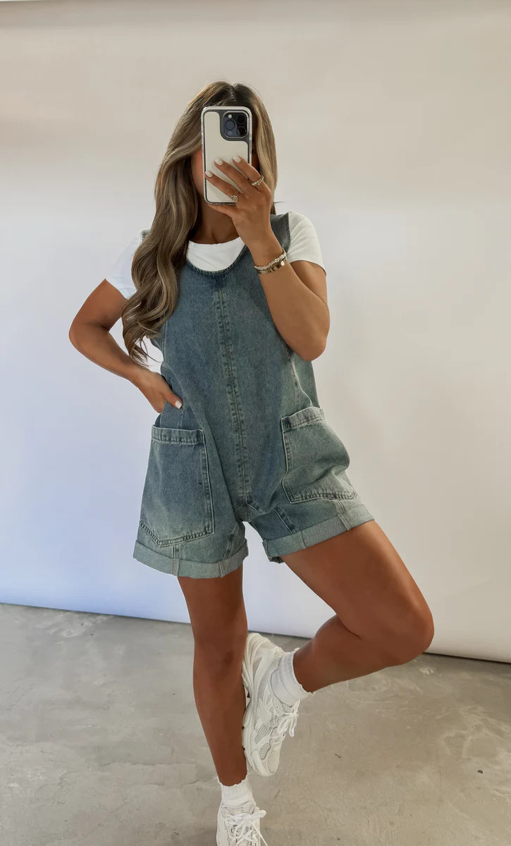 Back In The Garden High Roller Denim Overall Romper | CK Squared Boutique