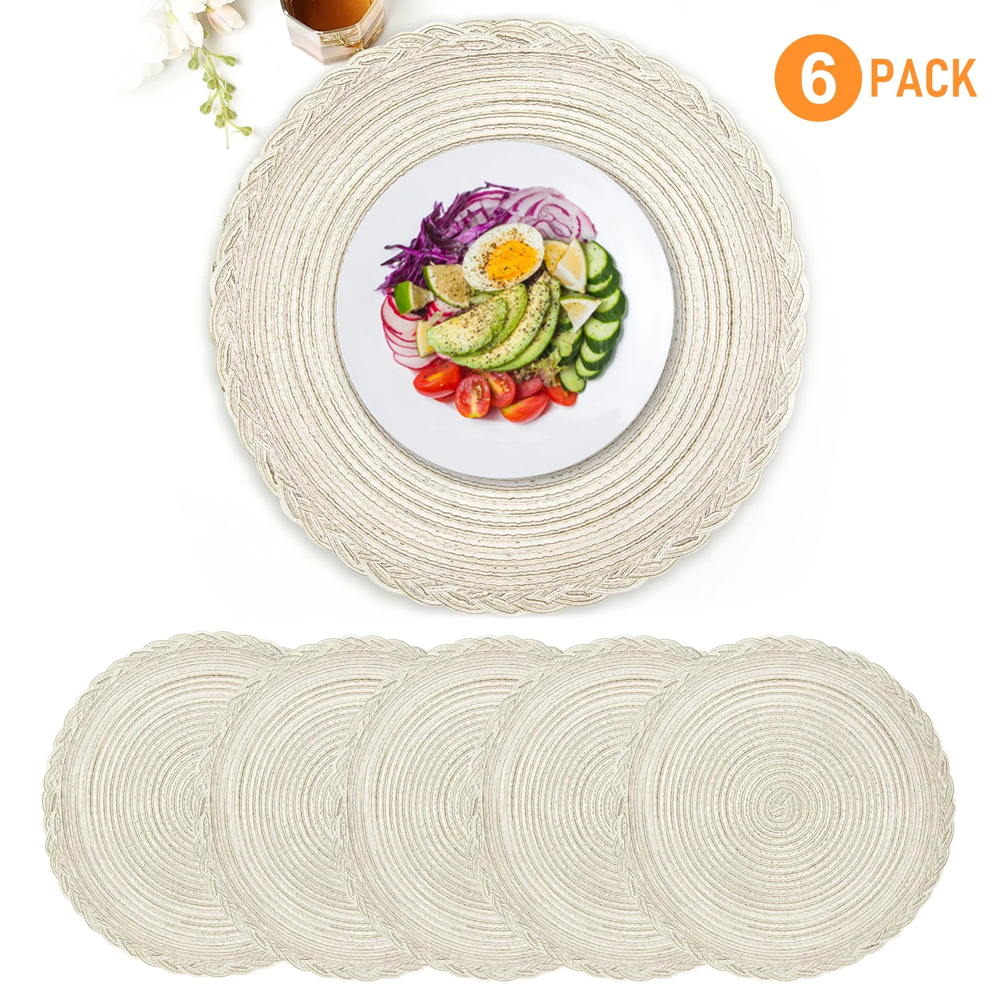 ONEFIND Round Placemats Set of 6, Off-White Woven Table Mats, 15 inch Heat Resistant Braided Bord... | Walmart (US)