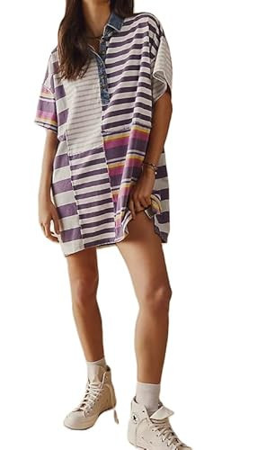 NUFIWI Y2K Striped Shirt Mini Dress for Women Oversized Stripe Tunic Tshirt Dresses Short Sleeve Buttons Loose Fit Tee Dress | Amazon (US)
