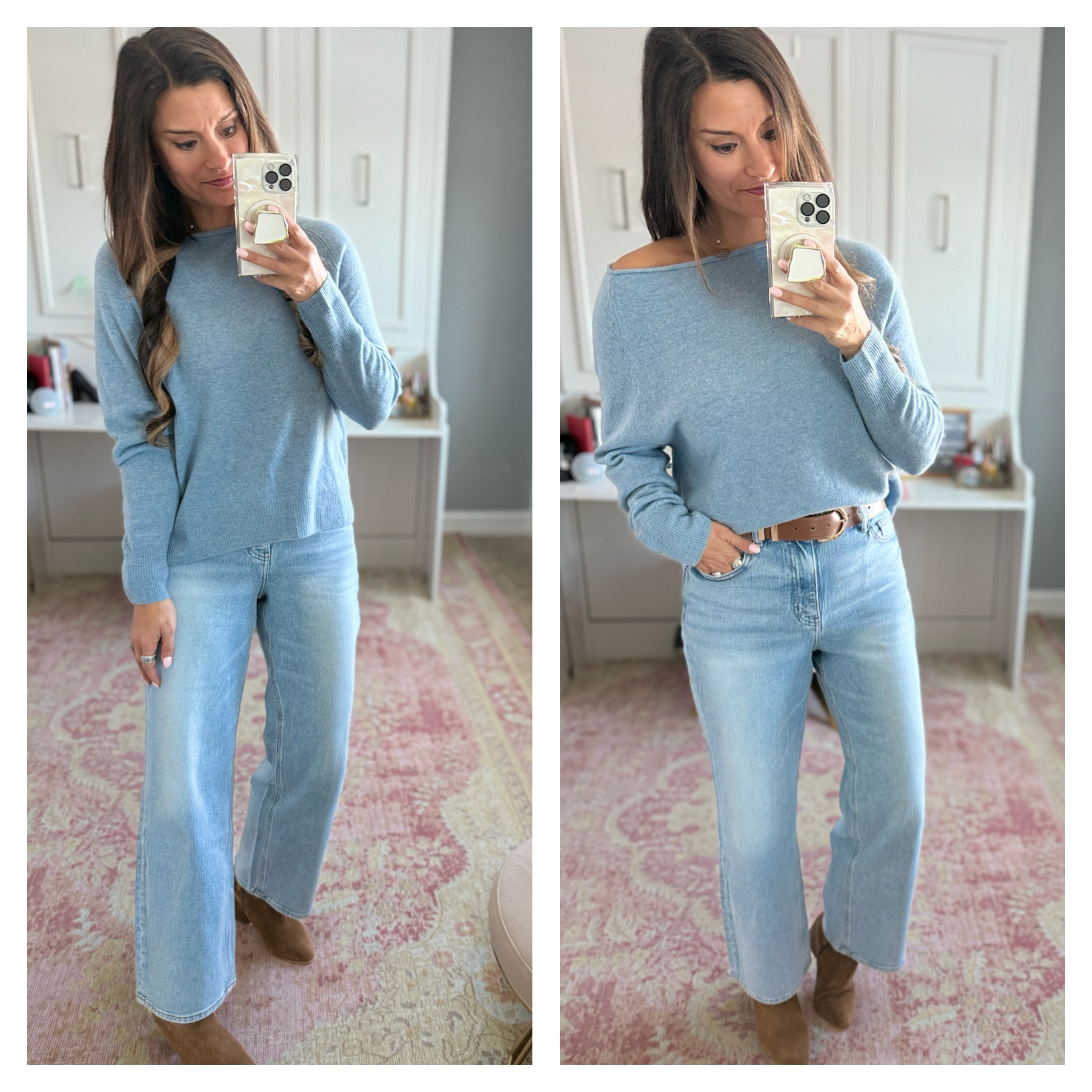 Great blue sweater from Quince 