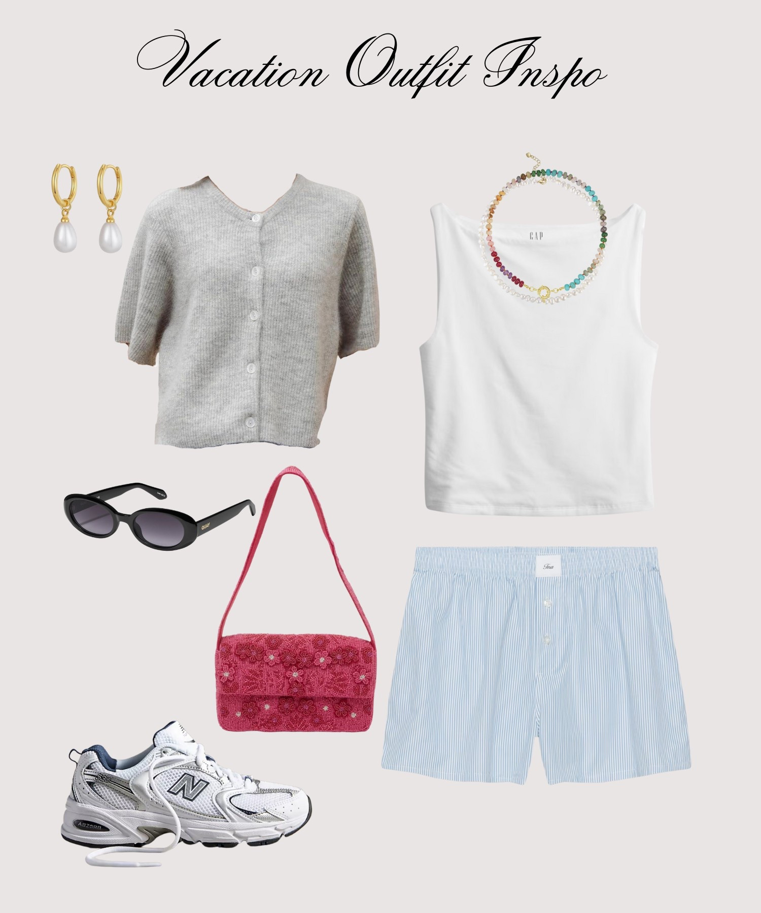 Vacation outfit inspo / summer style / summer outfit inspo / boxer outfit / styling boxers / how to wear boxers / beaded bag / new balance 530 / short sleeve cardigan 

#LTKStyleTip #LTKSeasonal #LTKFindsUnder50