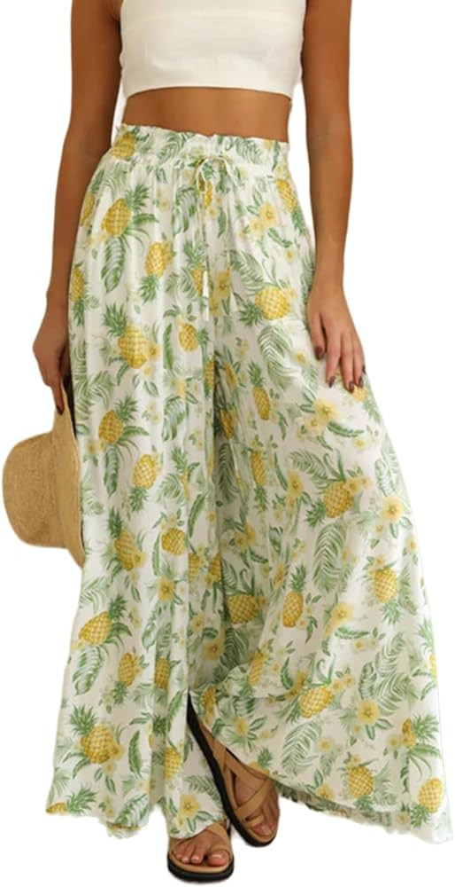 YOCUR Women Summer Beach Vacation Pants High Waisted Wide Leg Floral Palazzo Printed Loose Flowy ... | Amazon (US)