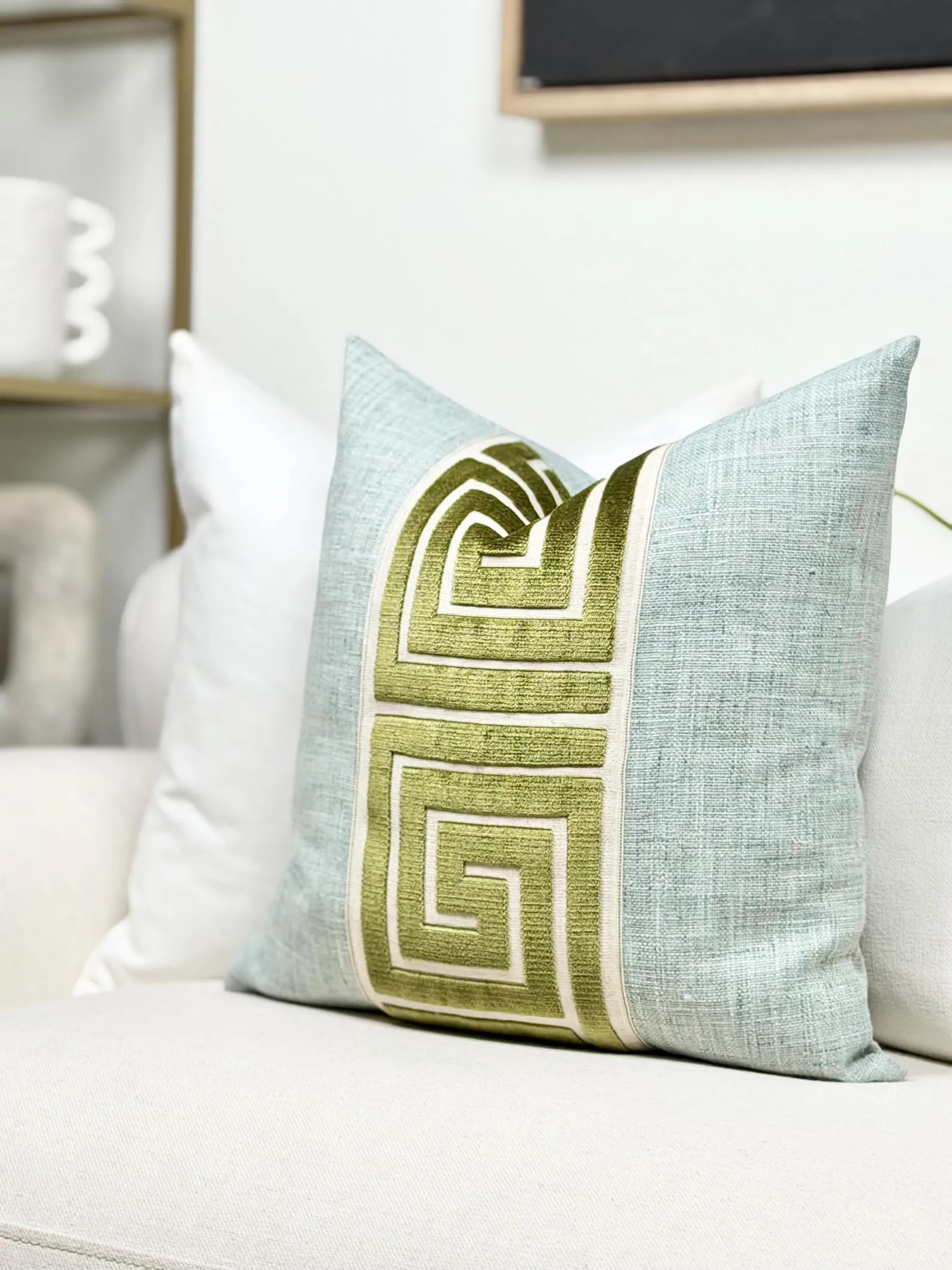 Seaglass Throw Pillow Cover with Green Greek Key Trim Detail, Coastal Accent Pillow, Designer Pil... | Etsy (Global)