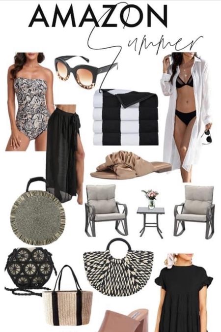 Summer finds from amazon 🖤 // neutral amazon finds for Summer // striped beach towels, patio chair set, straw bags, snakeprint swimsuit, black dress 

#LTKhome #LTKFind #LTKunder50