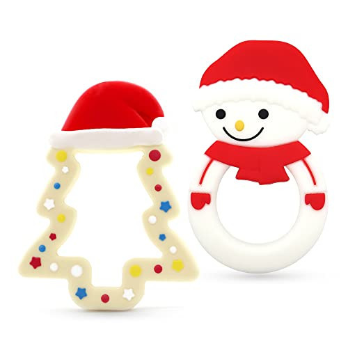 Teething Toys for Babies, PAPACHOO 2 Pack Christmas Soft Silicone Baby Soothing Teether Chew Toys Xmas Present(Christmas Tree & Snowman) | Amazon (US)