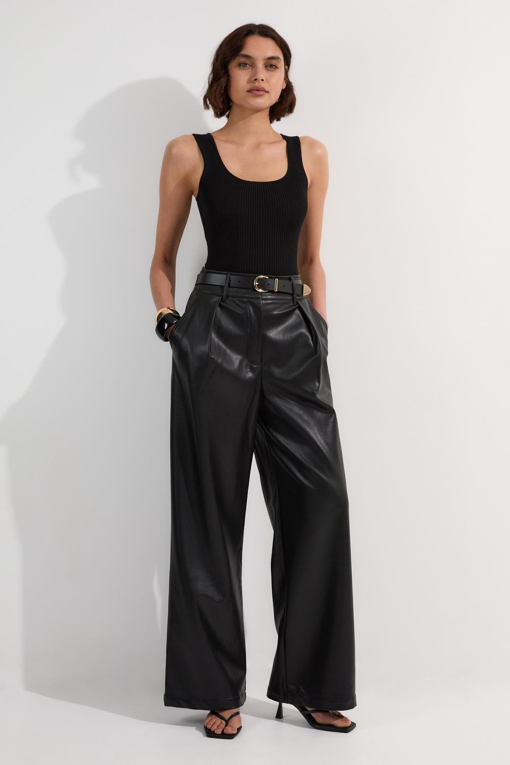 Faux Leather High Waisted Wide Leg Pants | Karen Millen US